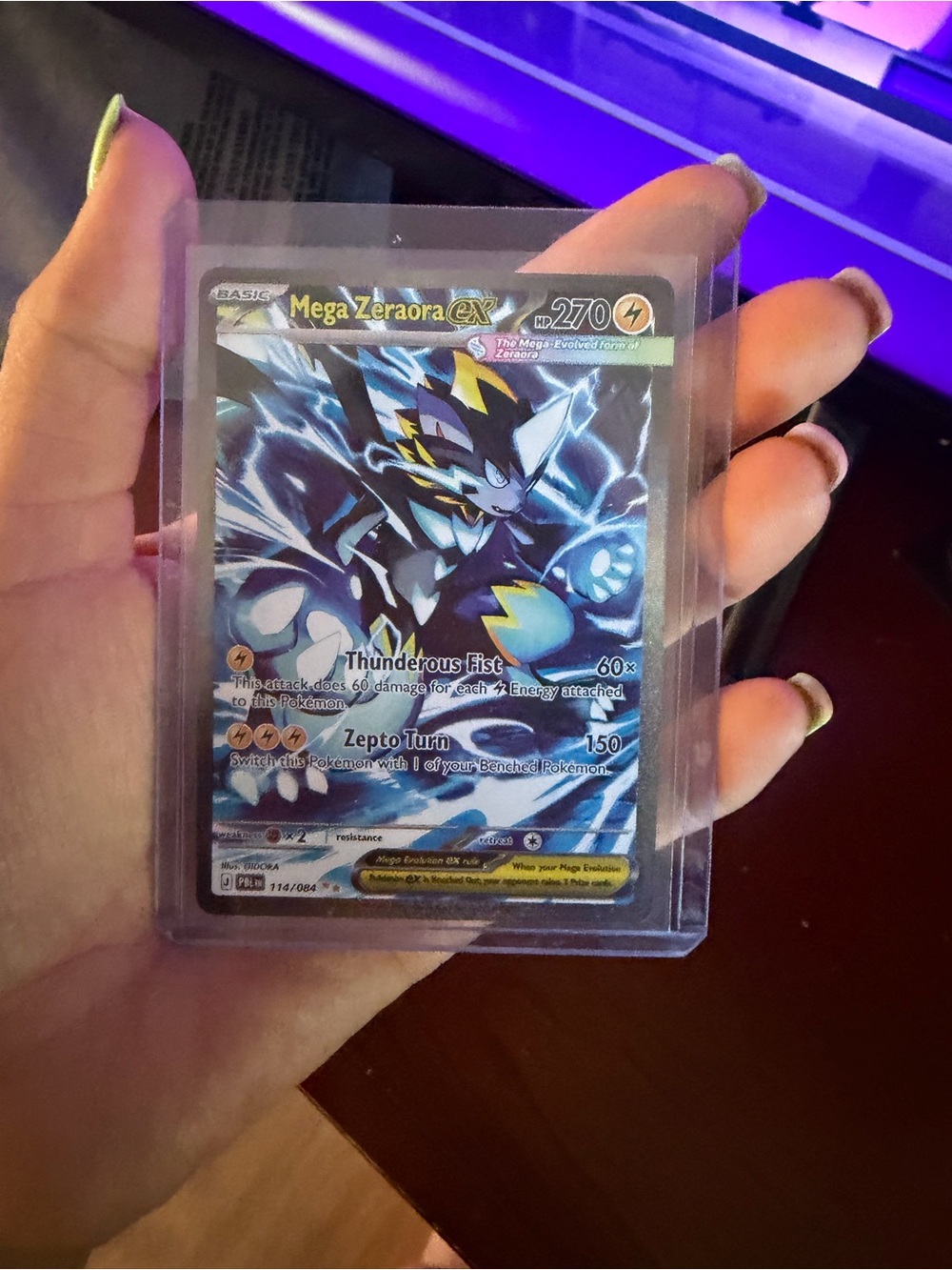 Pokemon Mega Zeraora EX Holographic Card - Blue, Yellow, Black